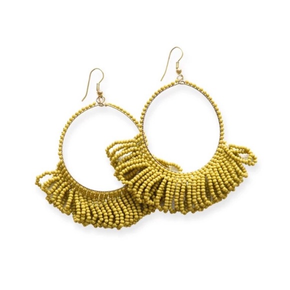 Seed Bead Fringe Hoop Earrings, Citron - Picture 1 of 1